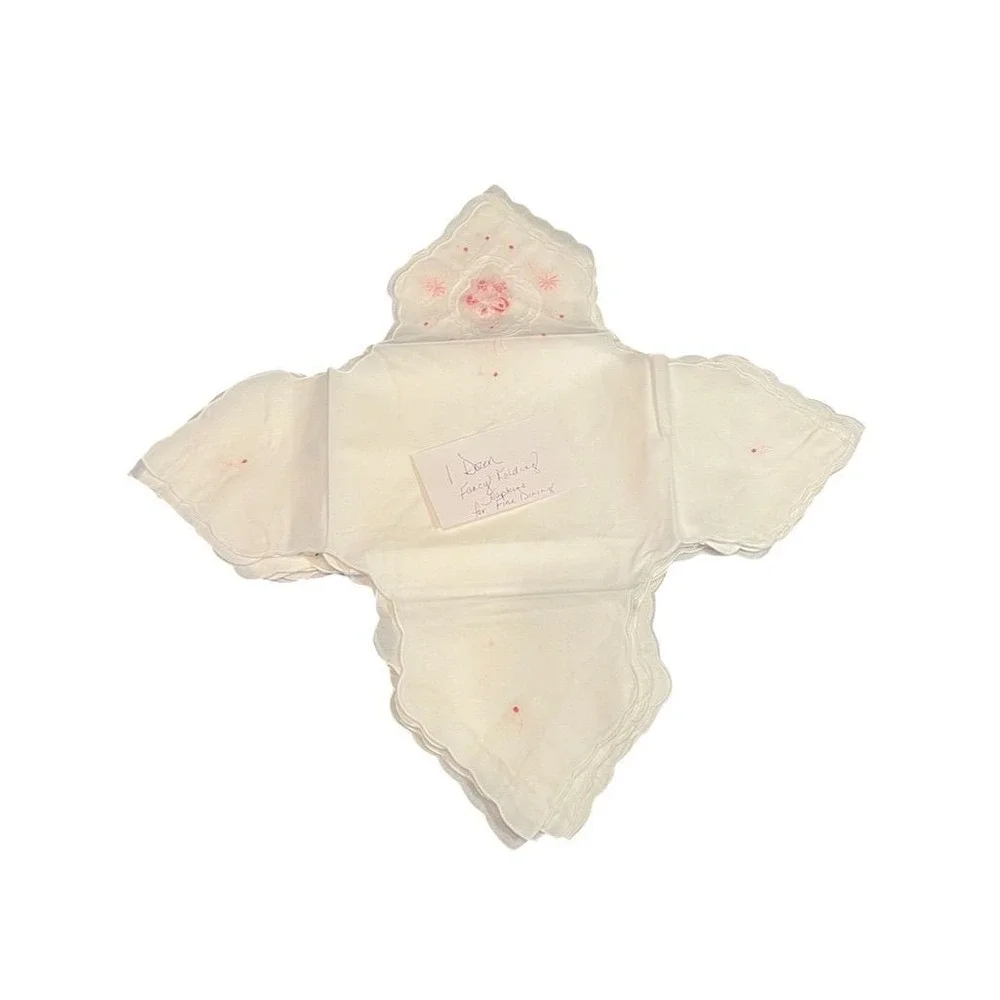 Sophisticated Thread 12pc White napkins Handkerchief‎ Set Pink Floral Embroidery